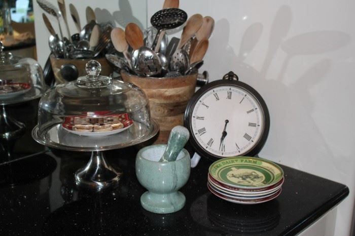 Covered Cake Plate, Mortar & Pestle , Clock and Kitchen  Containers with Kitchen Tools