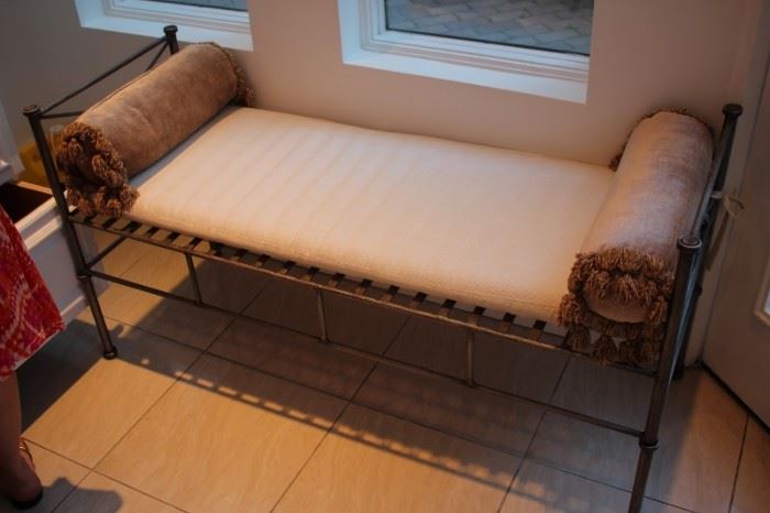 Metal Bench with Cushion and Decorative Roll Pillows
