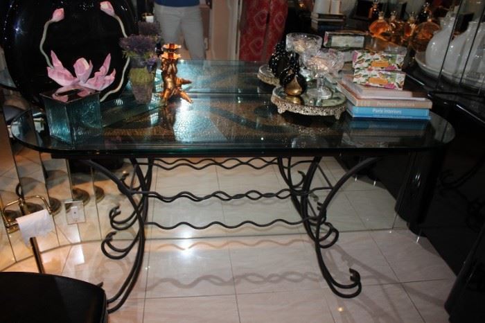 Wrought Iron and Glass Table with Decorative Items