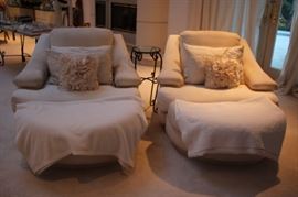 Pair of Upholstered Easy Chairs and Small Wrought Iron Stand