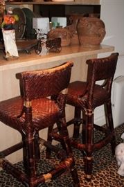 Pair of Rattan Bar Chairs / Stools and Pottery