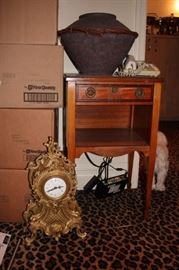 Ornate Clock, Wood Stand with Drawer and otehr Decorative