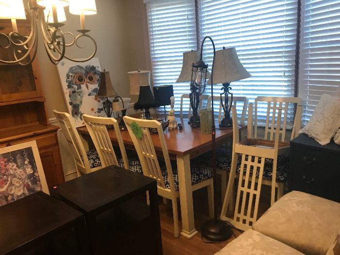 Dining Room Table, End Tables, Chairs, Pictures and Hutch