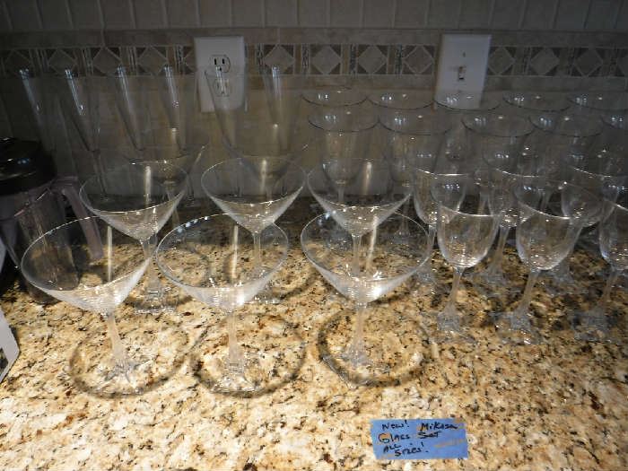 A wonderful complete Mikasa glass set of a variety of styles. We are selling it as one unit at a reasonable price. They were never used and recently unpacked.