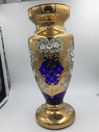Bohemian Czech Hand Painted Gold/Royal Blue Floral Vase