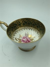 Aynsley Fine English Bone China Tea Cup Green/Gold Trim w/ Pink Flower 