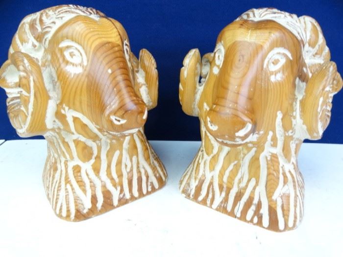 Pair of Rams Heads Decor Carved Wood