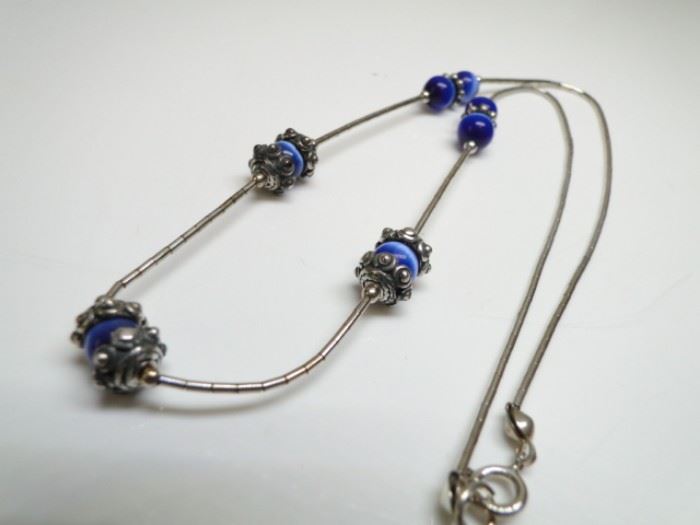 925 Silver Radiant Blue Cats Eye Bead Necklace