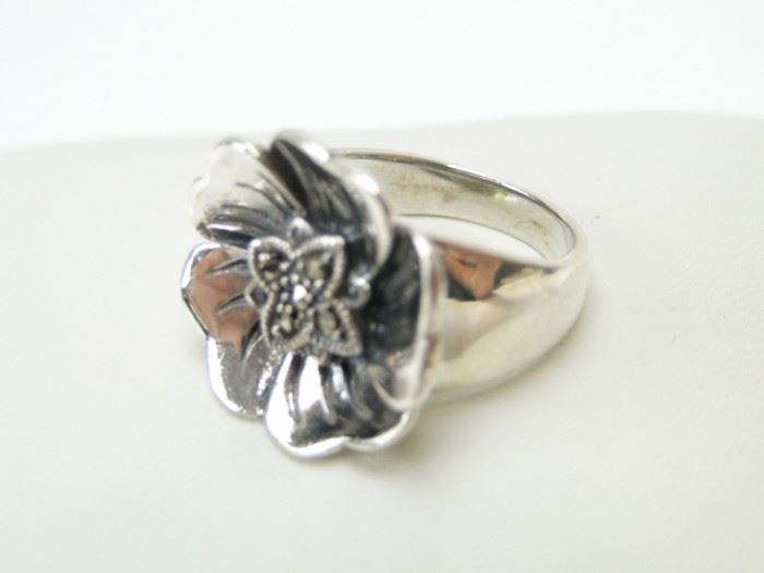 925 Silver with Marcasite Accents Open Flower Ring