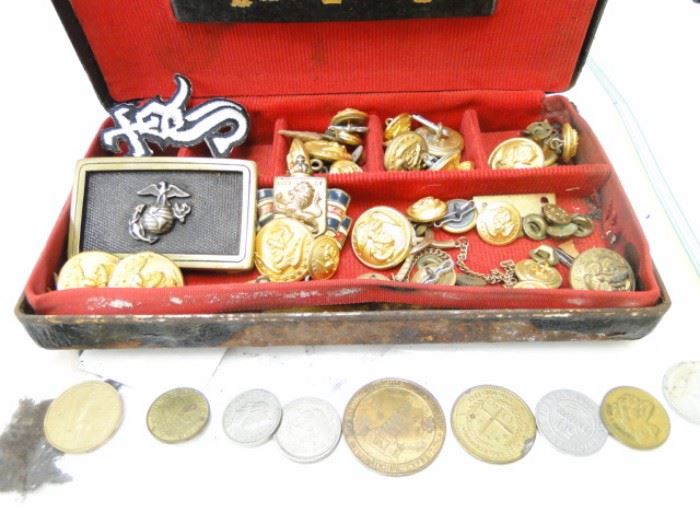 Box of Vintage Military Brass Misc Coins