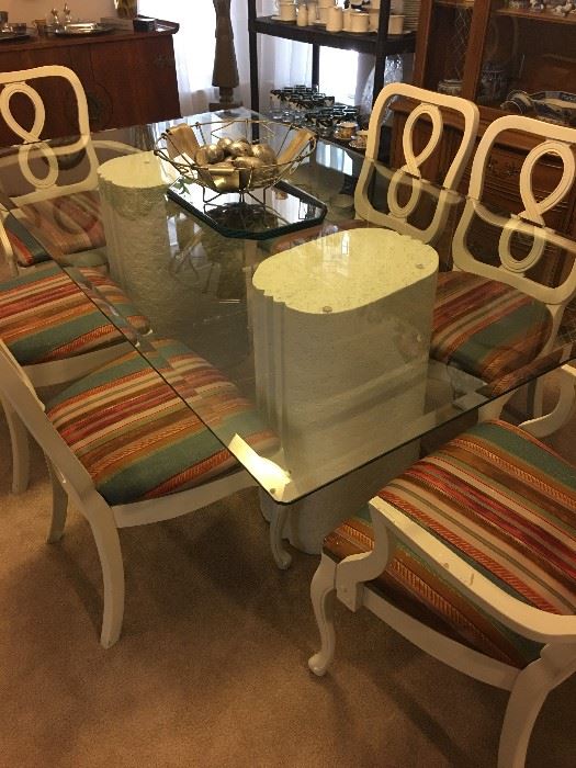 Glass top Pedestal Dining Table with 6 Chairs, 2 arm and 4 side