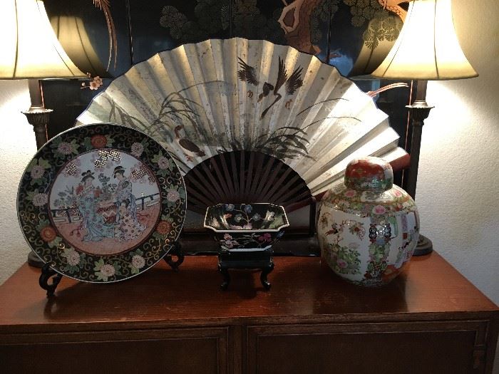 Buffet Lamps, Large Fan, Large Plate w/ Stand, Bowl w/ Inlaid Stand, Covered Jar
