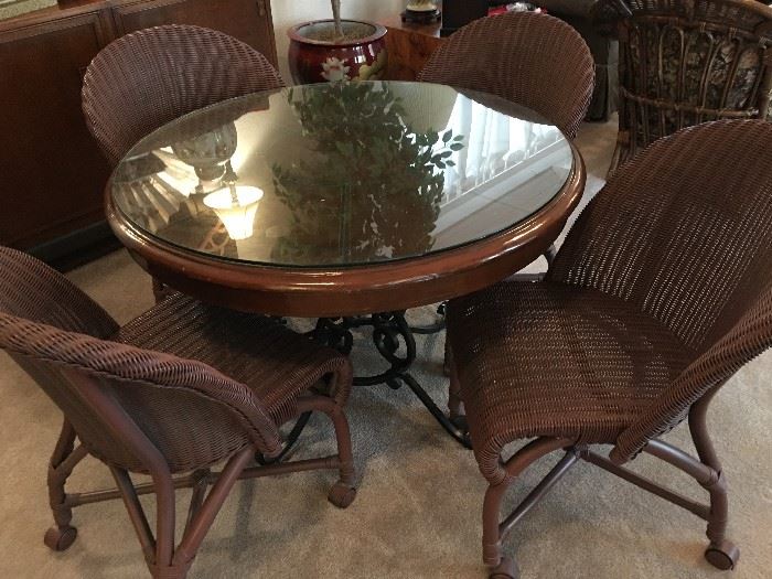 Glass Top, Leather inset Round Table, 4 all weather Wicker Game Chairs