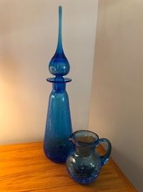 Blenko crinkle blue glass decanter & small pitcher.  Decanter is 17 3/4” Tall