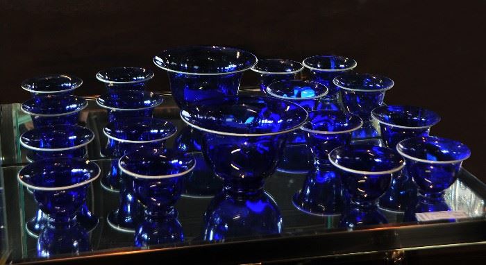 Cobalt Blue & White Enamel Bowl Set with Large Bowl. Signed.