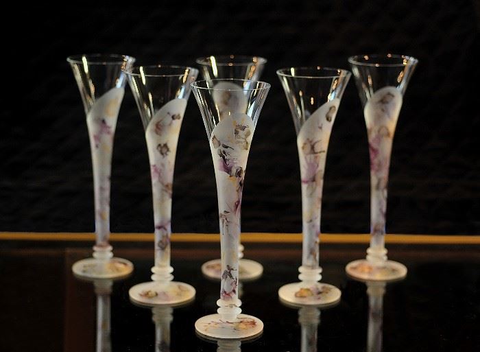 Set of 6 Polish Hand Blown Champagne Flutes.