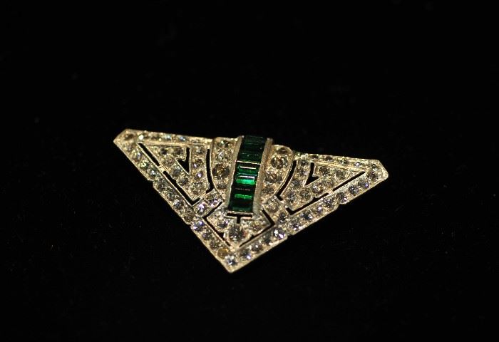 Diamond Art Deco Pin with Green Stone.