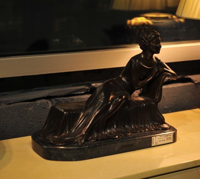 Art Deco Bronze Lady on Sofa with Marble Base.