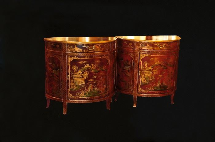 Pair of Chinese Red & Gold Demilunes.