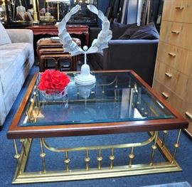 Wood Brass & Glass Cocktail Table.
