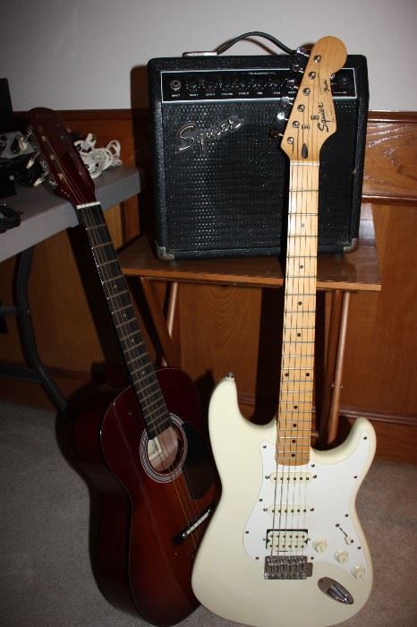 Fender electric guitar, Kent guitar, Squire amp