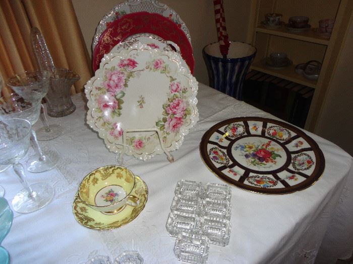 Gorgeous collectible cake and sandwich plates and two sets of crystal salts
