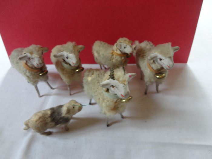 Small selection of putz stick leg German antique sheep with sheepdog