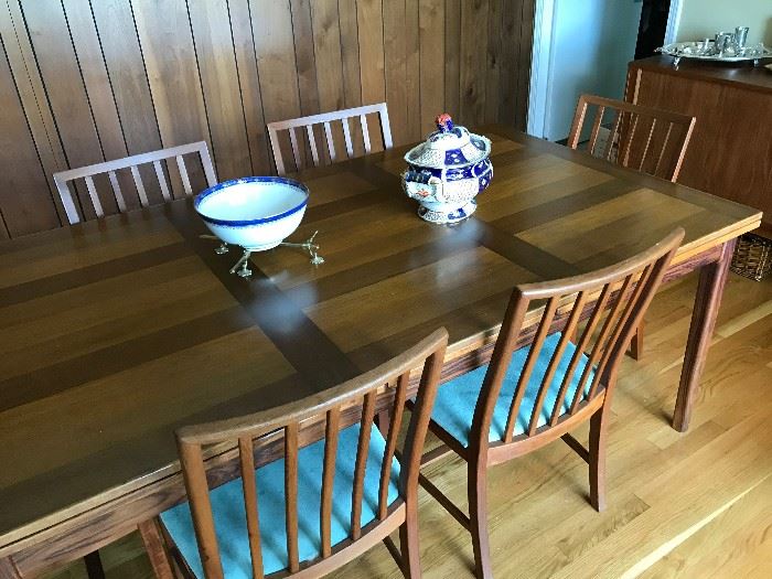 BEAUTIFUL Danish Walnut dining table with pull out extension leaves, 6 chairs with turquoise ultra-suede upholstered seats 