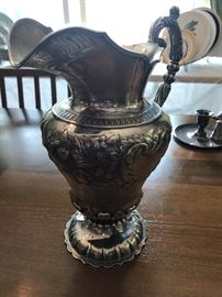 OLD hand chased trophy pitcher - still researching mark.  looks English.
