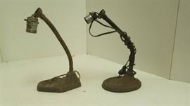 2 Very old, iron base desk lamp stands, ornate