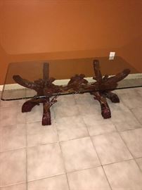 WOODEN BRANCH GLASS TOP COFFEE TABLE