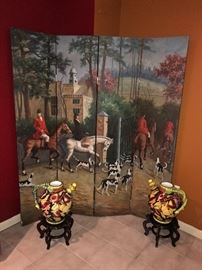 HAND-PAINTED HUNTING SCENE ROOM DEVIDER / SCREEN