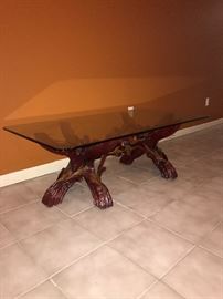 WOODEN BRANCH TABLE WITH GLASS TOP