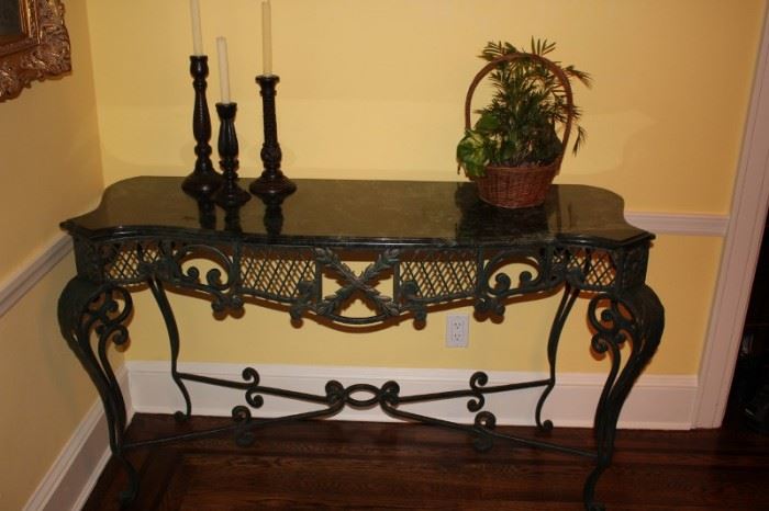 Console Table with Front Grill Work and Marble Top with Trio of Candlesticks and Basket Planter