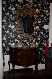 Gold Leaf Mirror, Demi-Lune Cabinet and Decorative Pieces