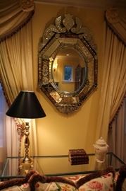 Venetian Mirror and Metal & Glass Table with Lamp and Decorative
