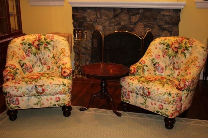 Pair of Floral Upholstered Chairs with Round Wood Occasional Table