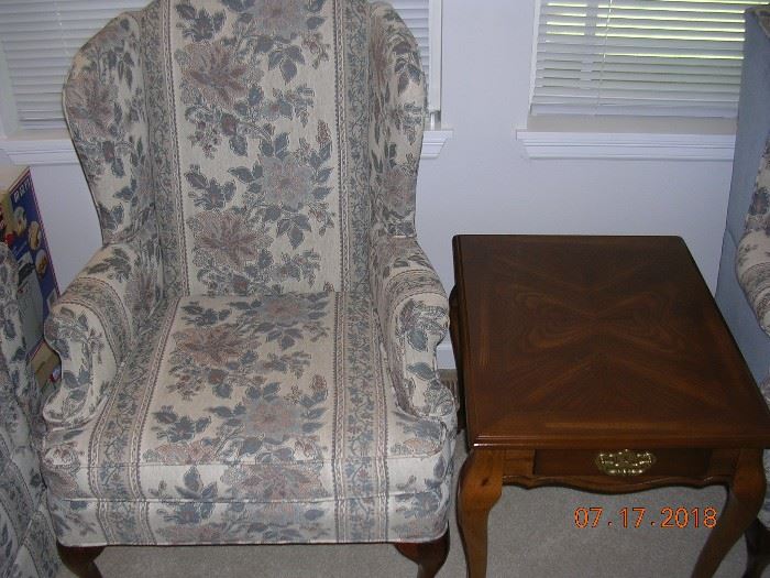 Wing back chair (2). Side table with fold down sides and drawer.