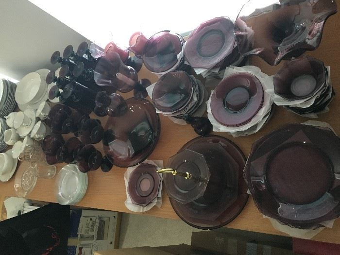 Moroccan Amethyst service for 12. Additional matching pieces: cake plate, vases, 2-tiered server...
