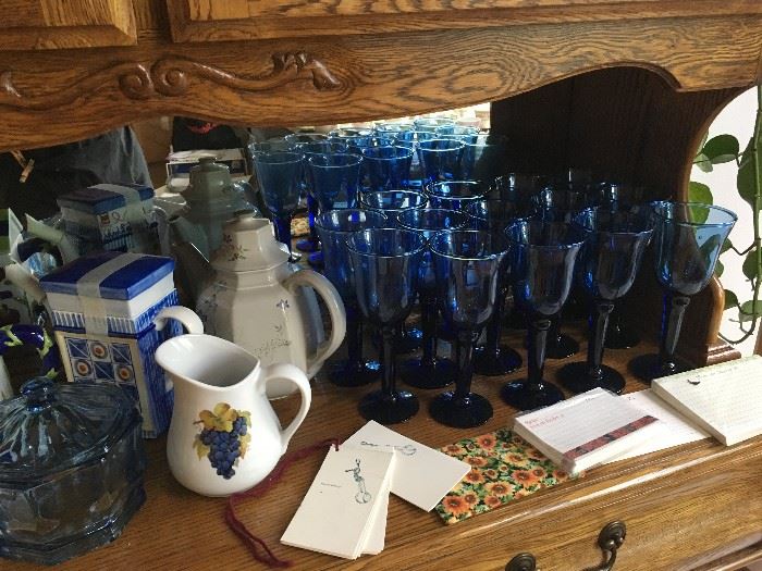 Blue stem ware. Candy dish, pitcher, tea pots. Recipe cards.