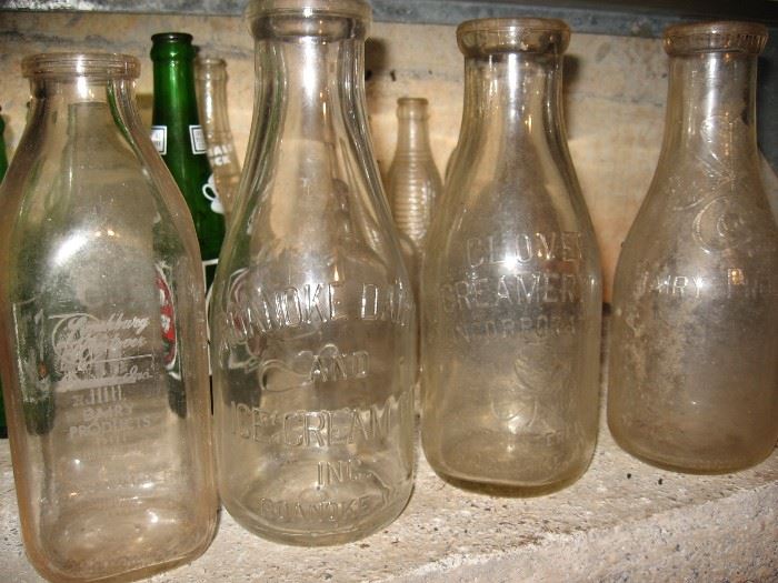 Old milk bottles from Clover Creamery, Salem Creamery, Roanoke Creamery.