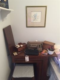 Singer sewing machine with storage stool seating, vintage wood jewelry boxes