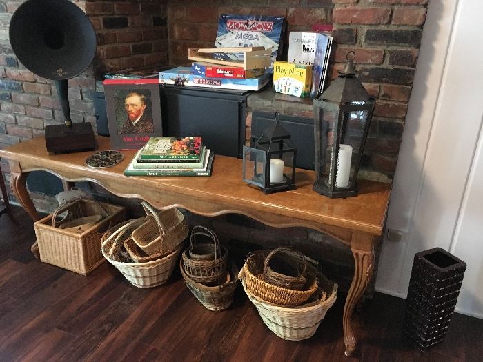 Another View of Sofa/Foyer Table, Assortment of Baskets, Books,  Gramaphone & Games .......            Outdoor Lanterns too!