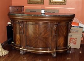 Beautiful Wood Bar Unit with Faux Green Marble Design Top and Two (2) Bar Stools (Front View) 