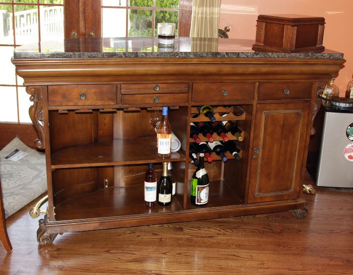 Beautiful Wood Bar Unit with Green Marble Top and Two (2) Bar Stools (Back View - Alcohol not included) 