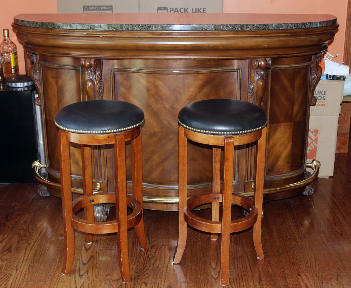 Beautiful Wood Bar Unit with Faux Green Marble Top and Two (2) Bar Stools 