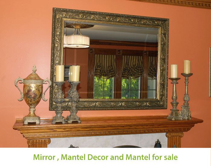 Large Guilded Mirror, Mantel Decor and Mantel for sale
