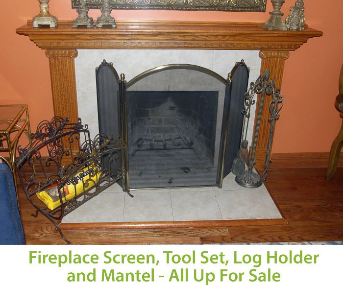 Tri Fold Fireplace Screen, Tool Set, Log Holder and Mantel for sale