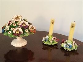 Porcelain pansy bouquet with matching candle holders. Made in Italy.