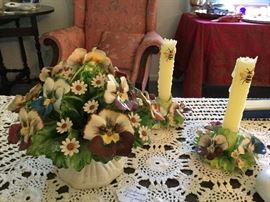 Capodimonte porcelain flower bouquet and candle holders